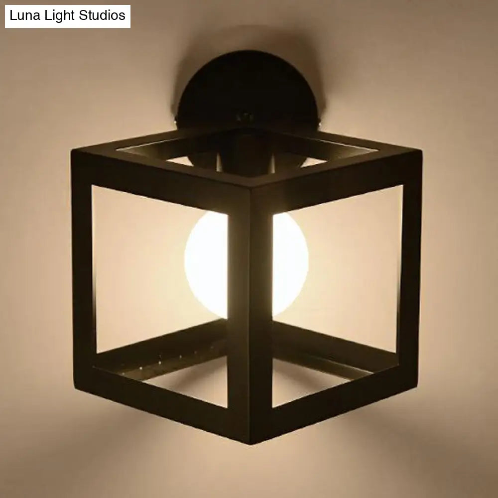 Industrial Metal Cubic Wall Light With Stylish Cage Shade - Black