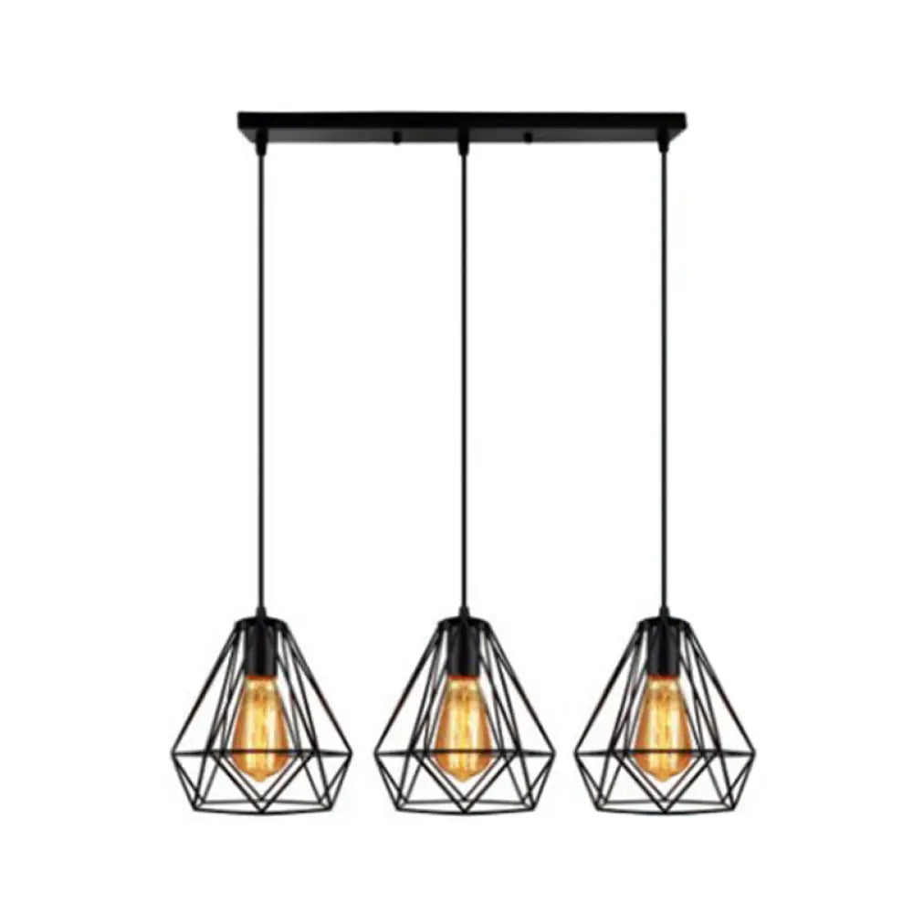 Industrial Metal Diamond Cage Pendant Light - Set Of 3 Multi Hanging Lights For Restaurants Black /