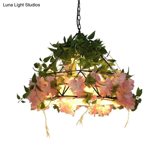 Industrial Metal Diamond Led Pendant Lamp With Rose Decoration - Pink/Light Pink 18/23.5 W