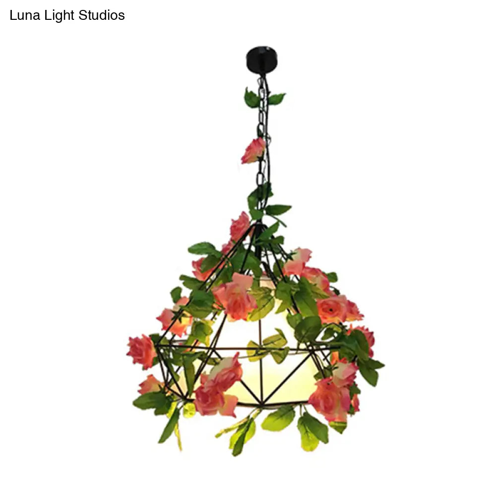 Industrial Metal Diamond Led Pendant Lamp With Rose Decoration In Pink/Light Pink - 18’/23.5’ W