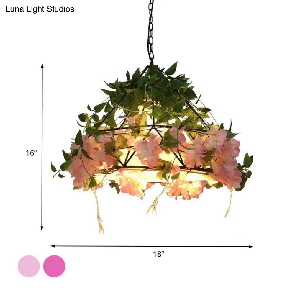 Industrial Metal Diamond Led Pendant Lamp With Rose Decoration - Pink/Light Pink 18/23.5 W