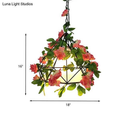 Industrial Metal Diamond Led Pendant Lamp With Rose Decoration In Pink/Light Pink - 18’/23.5’ W