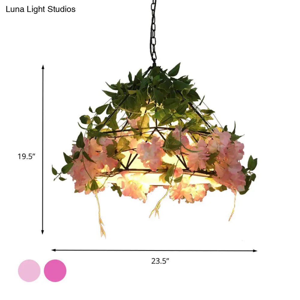 Industrial Metal Diamond Led Pendant Lamp With Rose Decoration In Pink/Light Pink - 18’/23.5’ W