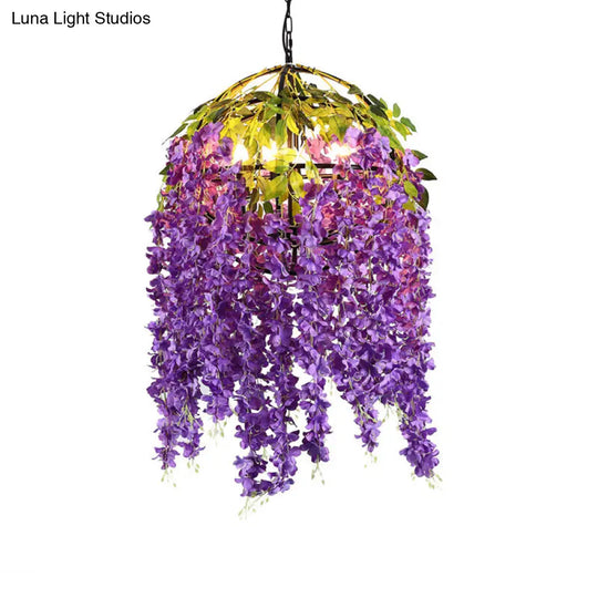 Metal Dome Pendant Chandelier With Pink/Purple Shades & Plant Design - 4/5 Heads 18/21.5 Wide