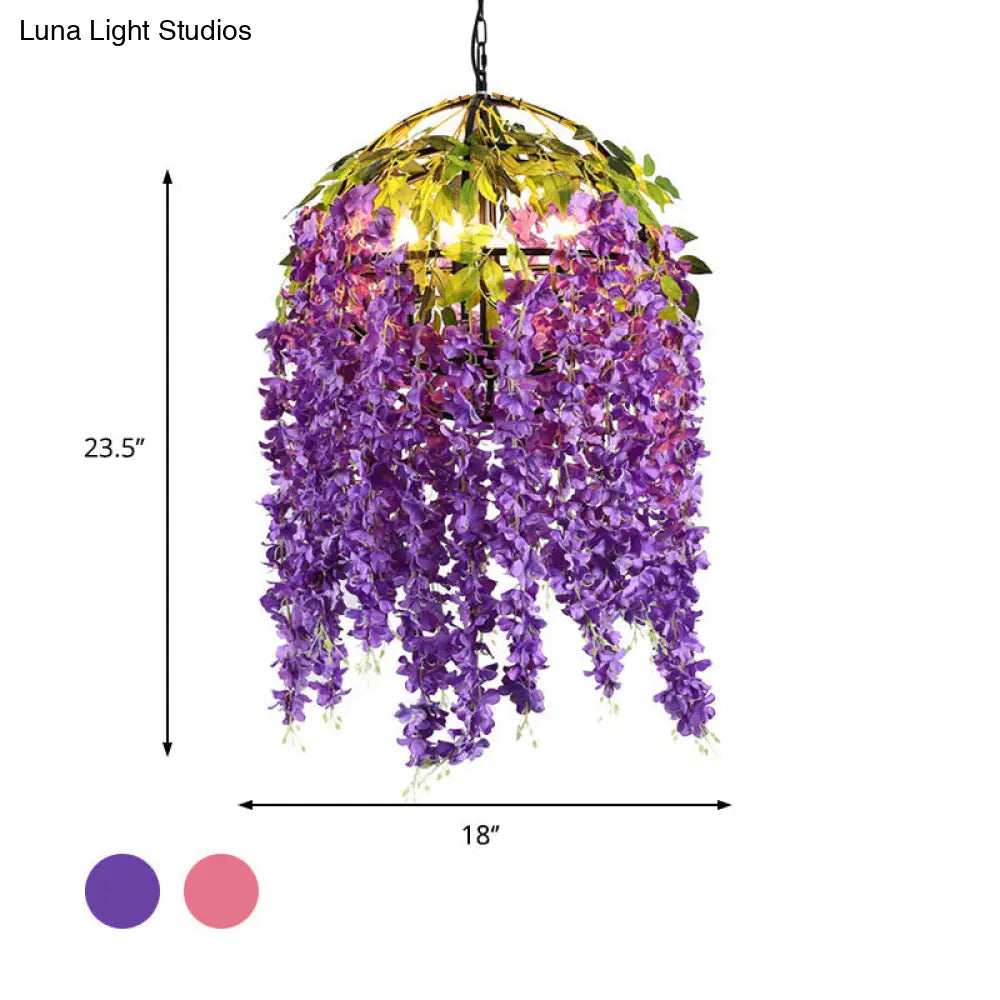 Metal Dome Pendant Chandelier With Pink/Purple Shades & Plant Design - 4/5 Heads 18/21.5 Wide