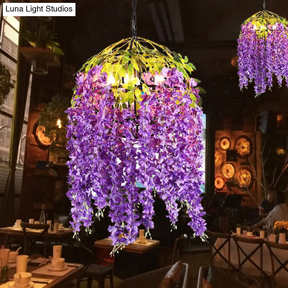 Industrial Metal Dome Pendant Chandelier With Pink/Purple 4/5 Heads Plant Design - 18’/21.5’ Wide