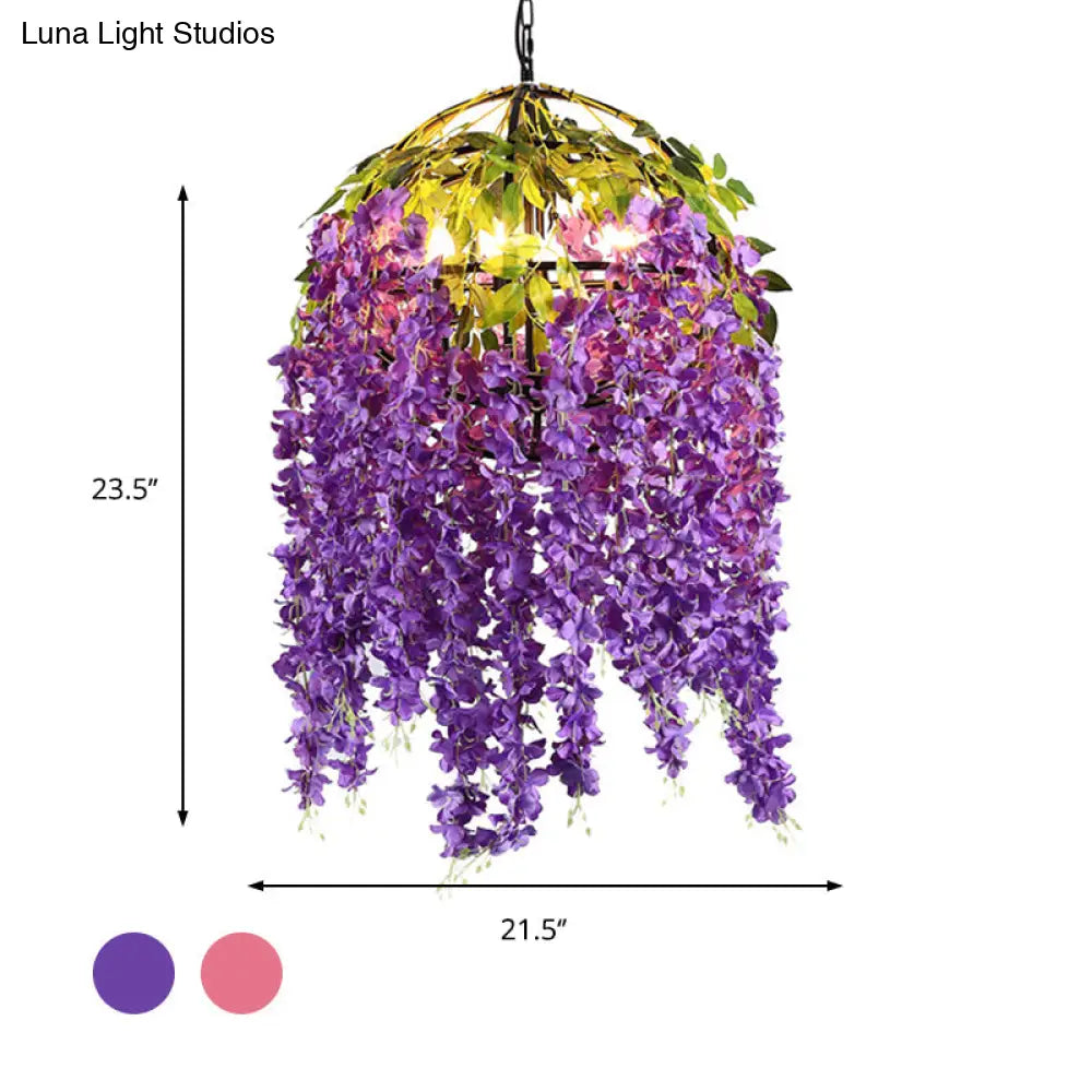 Industrial Metal Dome Pendant Chandelier With Pink/Purple 4/5 Heads Plant Design - 18’/21.5’ Wide