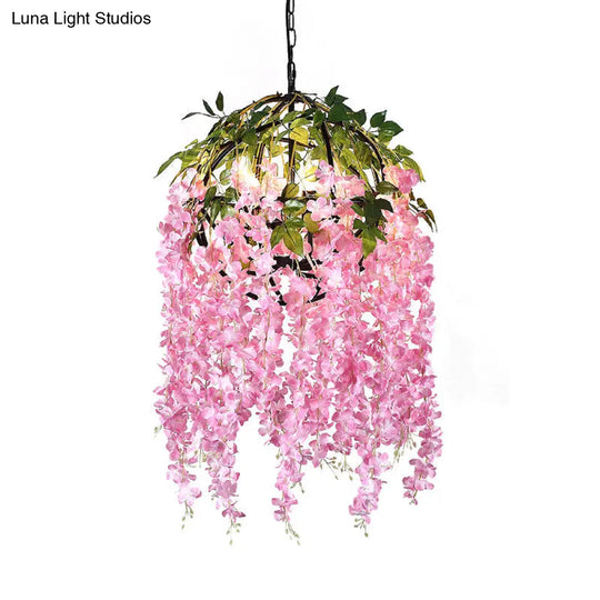 Metal Dome Pendant Chandelier With Pink/Purple Shades & Plant Design - 4/5 Heads 18/21.5 Wide