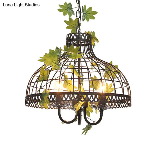 Industrial 3-Head Metal Dome Pendant Light For Restaurants - Black Chandelier With Flower Decoration