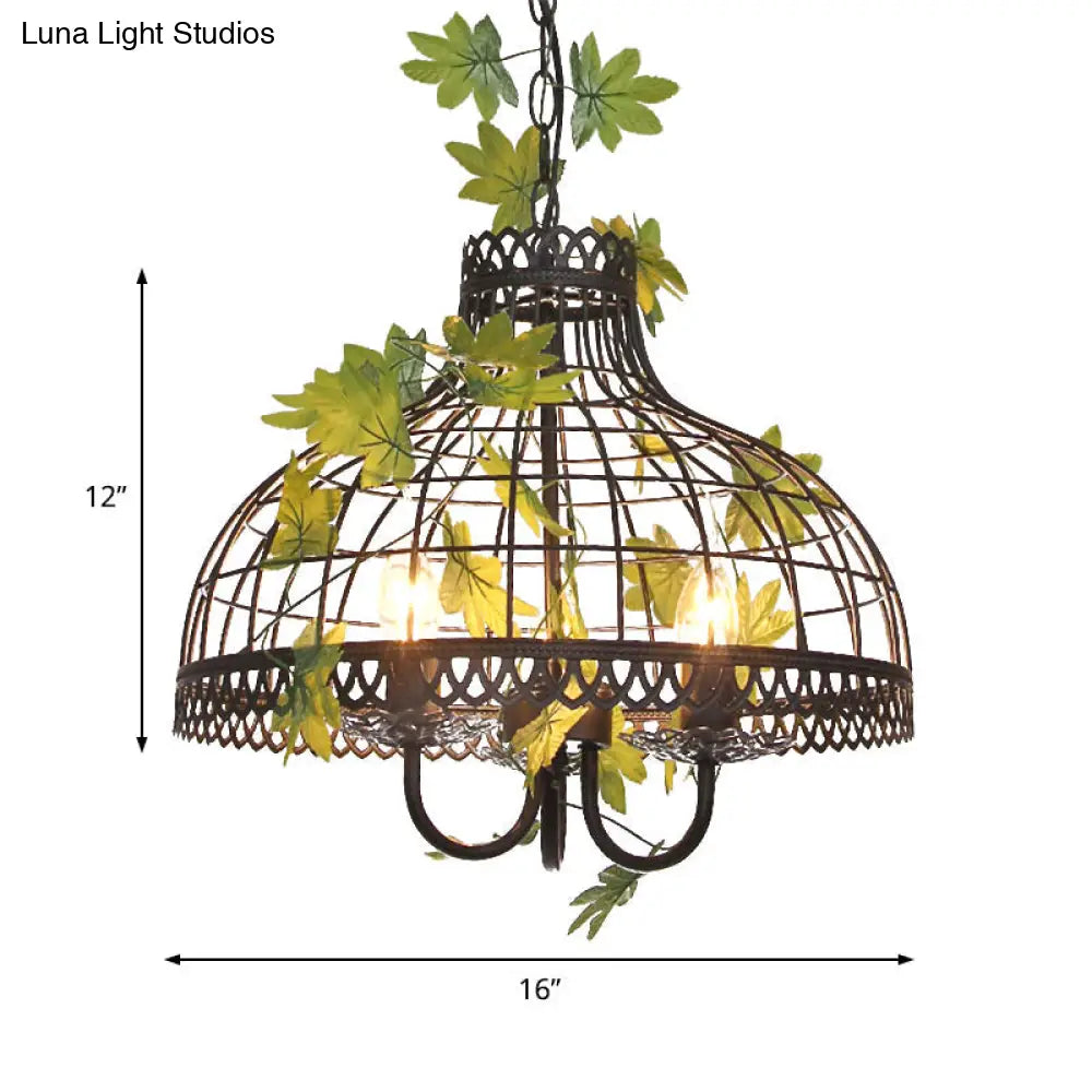 Industrial 3-Head Metal Dome Pendant Light For Restaurants - Black Chandelier With Flower Decoration