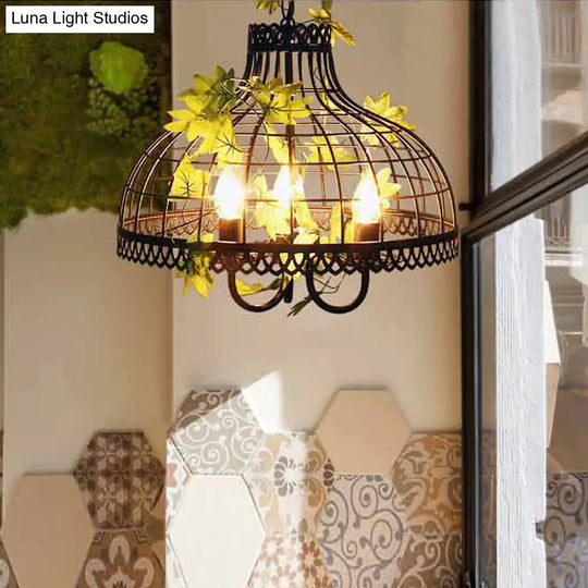 Industrial 3-Head Metal Dome Pendant Light For Restaurants - Black Chandelier With Flower Decoration