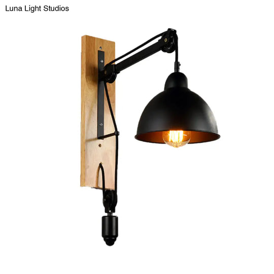 Industrial Metal Domed Wall Sconce Light With Wood Backplate And Pulley