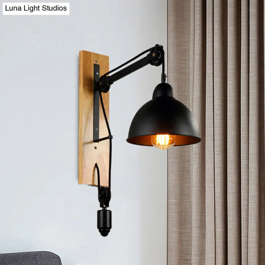 Industrial Metal Domed Wall Sconce Light With Wood Backplate And Pulley