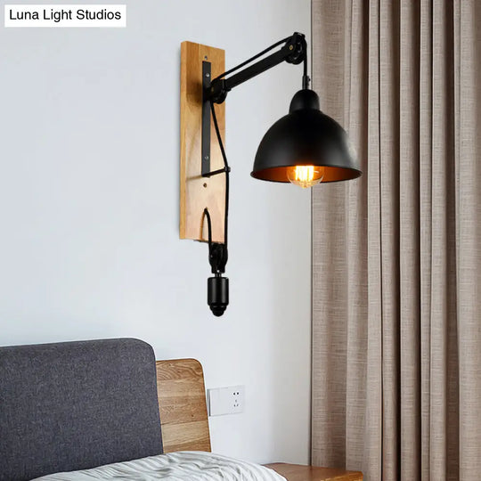 Industrial Metal Domed Wall Sconce Light With Wood Backplate And Pulley