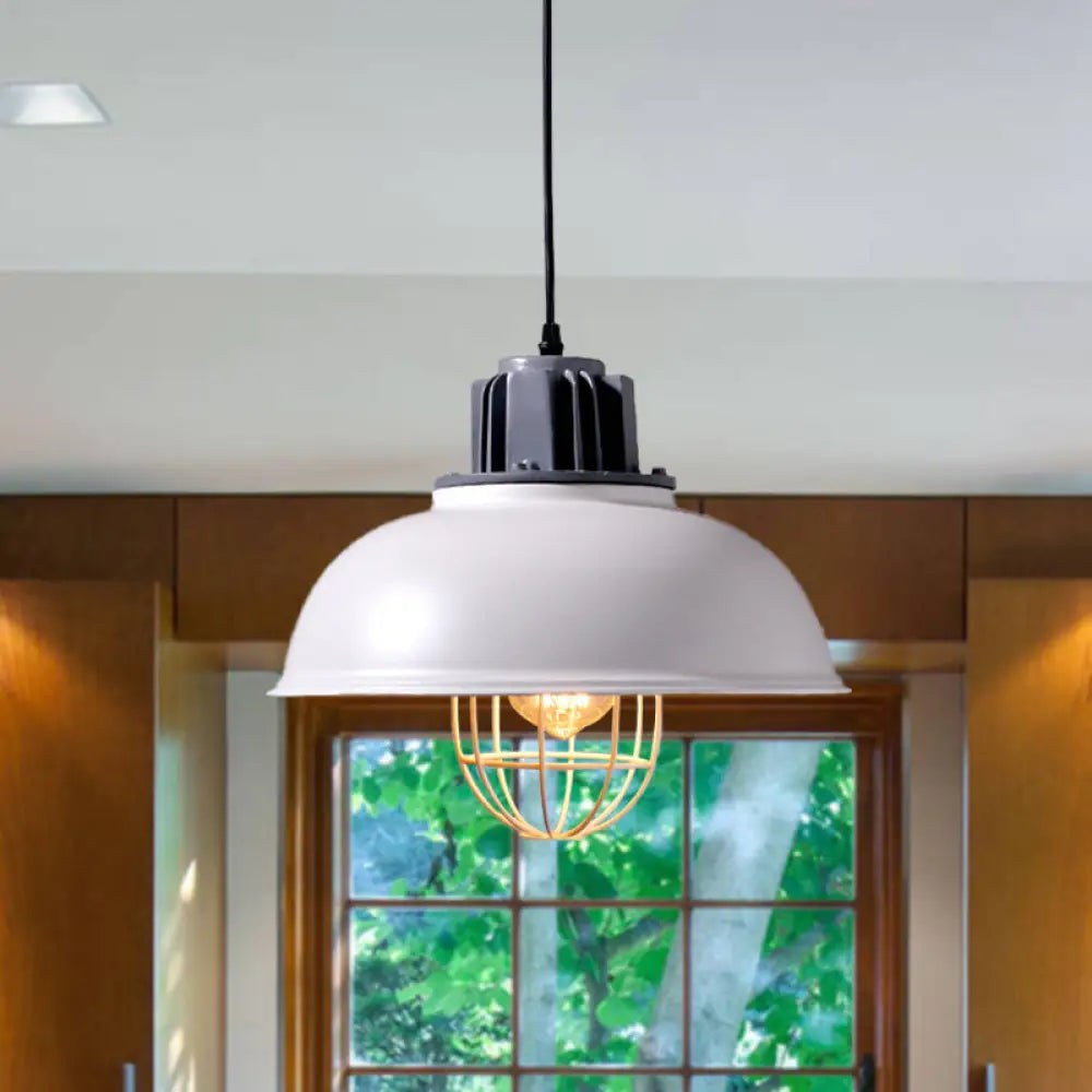 Industrial Metal Drop Pendant Lamp - White Domed Design Ceiling Suspension For Restaurants (1-Bulb)