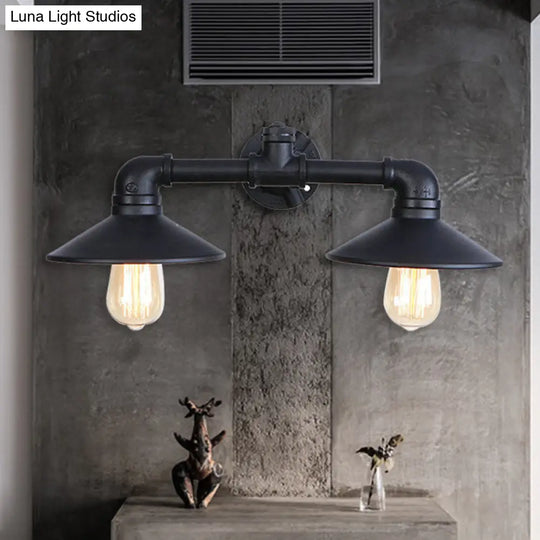 Industrial Metal Flared Shade Wall Lamp - Black 2-Bulb Sconce Lighting For Dining Room With Pipe