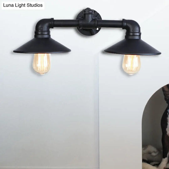 Industrial Metal Flared Shade Wall Lamp - Black 2-Bulb Sconce Lighting For Dining Room With Pipe