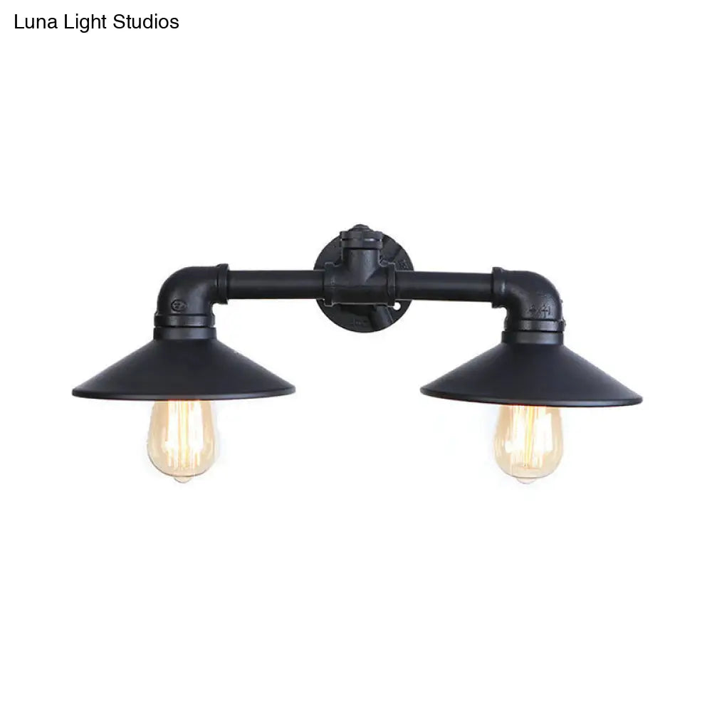 Industrial Metal Flared Shade Wall Lamp - Black 2-Bulb Sconce Lighting For Dining Room With Pipe