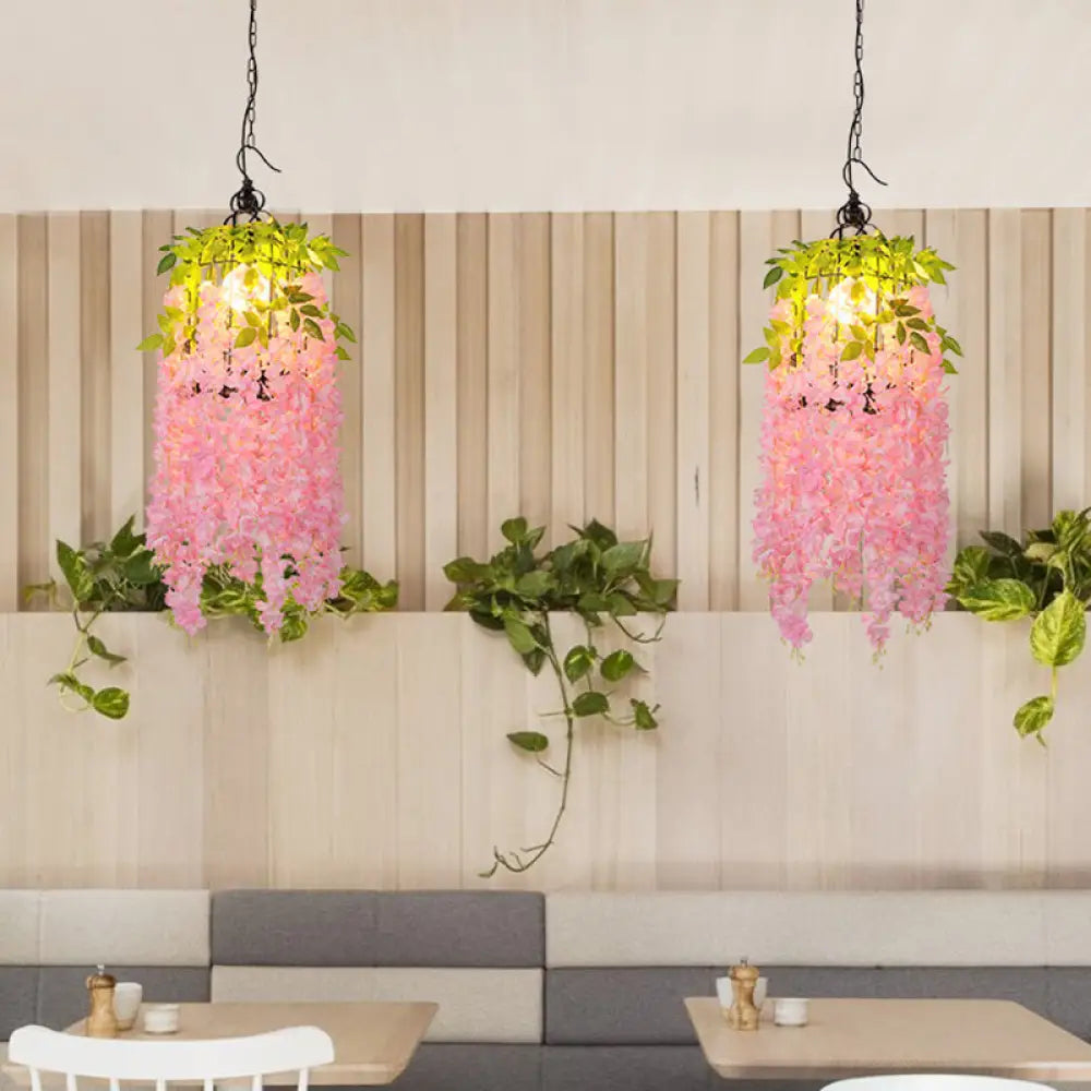Industrial Metal Flower Pendant Light With Pink/Yellow Led - Ceiling Lamp For Restaurant Pink