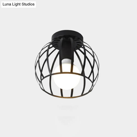 Industrial Metal Flush Ceiling Light Fixture - Cage Style Small Aisle 1 Head Black Flushmount