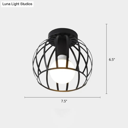 Industrial Metal Flush Ceiling Light Fixture - Cage Style Small Aisle 1 Head Black Flushmount