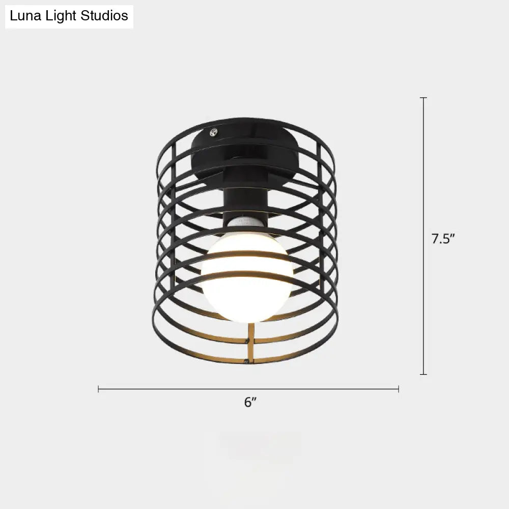 Industrial Metal Flush Ceiling Light Fixture - Cage Style Small Aisle 1 Head Black Flushmount