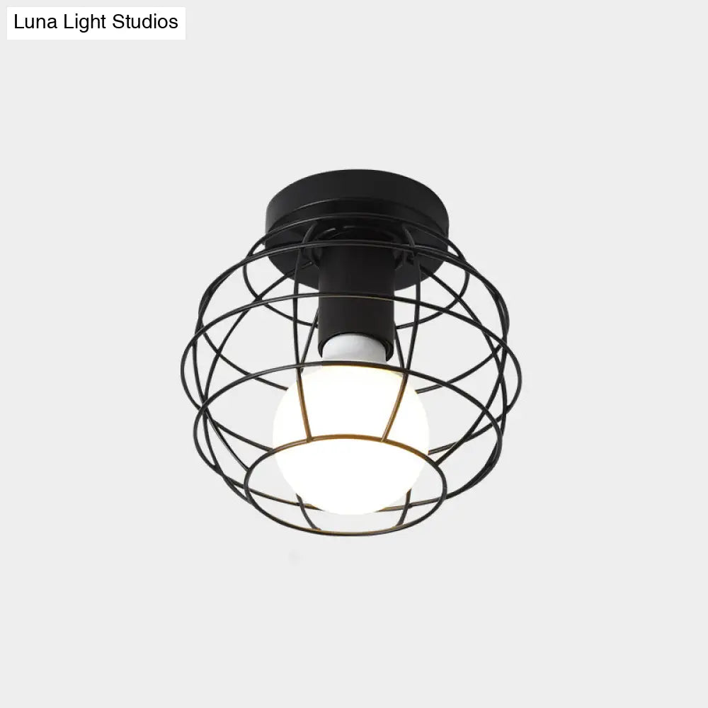 Industrial Metal Flush Ceiling Light Fixture - Cage Style Small Aisle 1 Head Black Flushmount