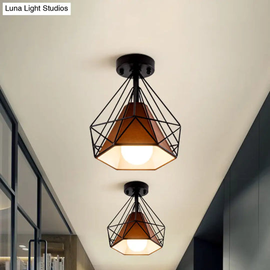 Industrial Metal Flush Ceiling Light Fixture - Cage Style Small Aisle 1 Head Black Flushmount