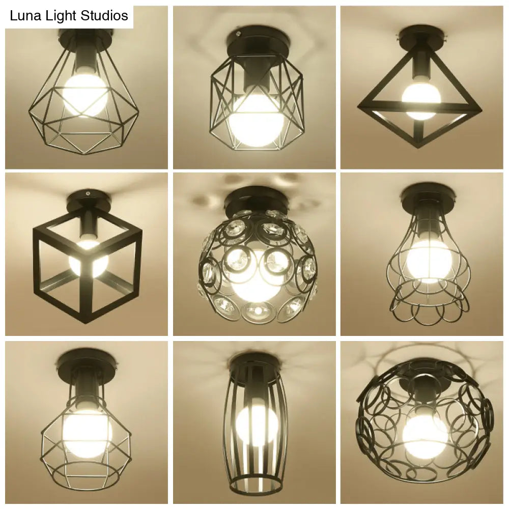 Industrial Metal Flush Ceiling Light Fixture - Cage Style Small Aisle 1 Head Black Flushmount