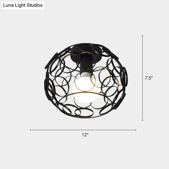 Industrial Metal Flush Ceiling Light Fixture - Cage Style Small Aisle 1 Head Black Flushmount