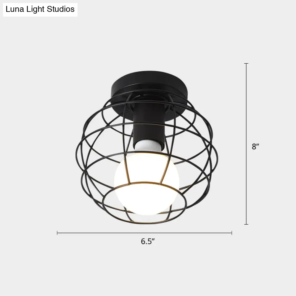 Industrial Metal Flush Ceiling Light Fixture - Cage Style Small Aisle 1 Head Black Flushmount