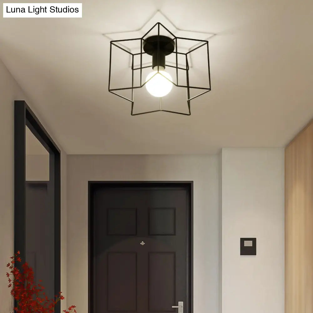 Industrial Metal Flush Ceiling Light Fixture - Cage Style Small Aisle 1 Head Black Flushmount