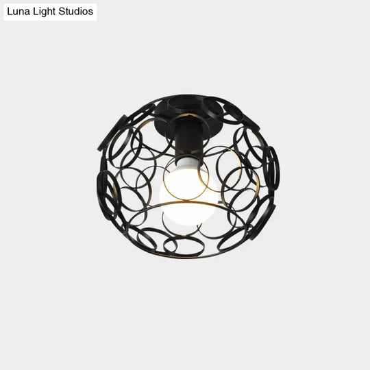 Industrial Metal Flush Ceiling Light Fixture - Cage Style Small Aisle 1 Head Black Flushmount