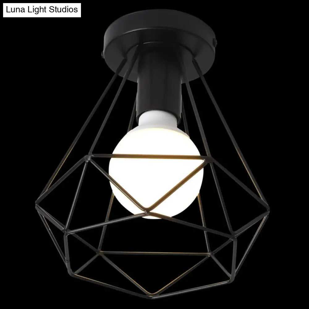 Industrial Metal Flush Ceiling Light Fixture - Cage Style Small Aisle 1 Head Black Flushmount