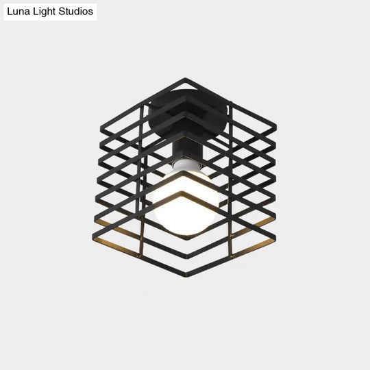 Industrial Metal Flush Ceiling Light Fixture - Cage Style Small Aisle 1 Head Black Flushmount