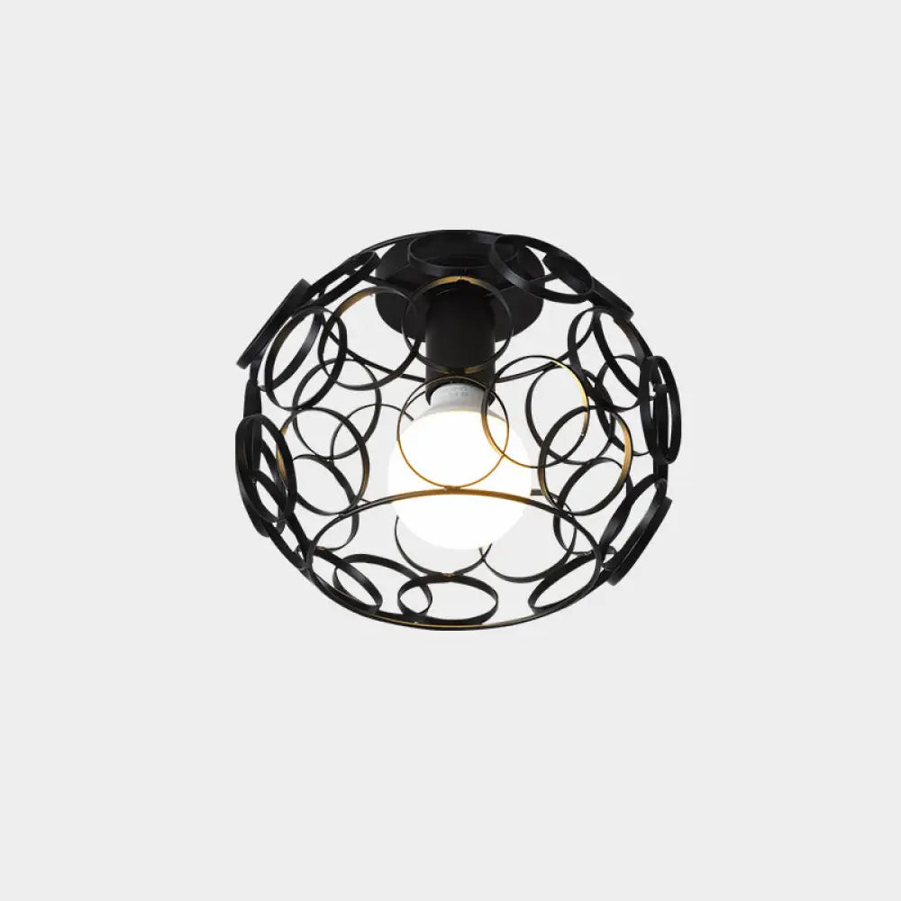 Industrial Metal Flush Ceiling Light Fixture - Cage Style Small Aisle 1 Head Black Flushmount