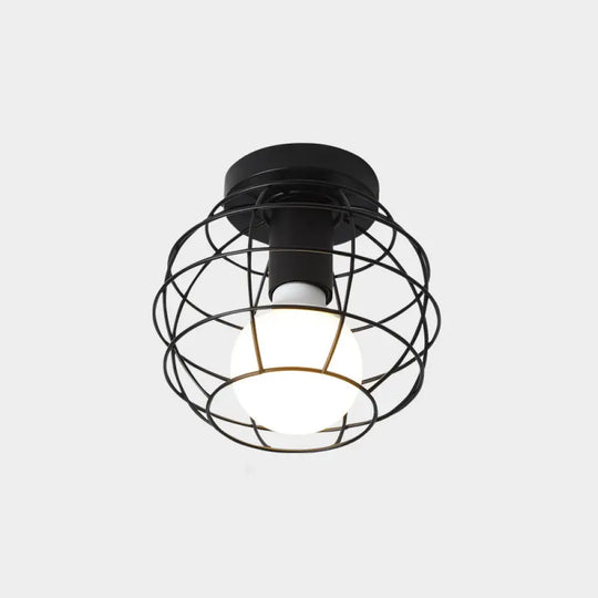 Industrial Metal Flush Ceiling Light Fixture - Cage Style Small Aisle 1 Head Black Flushmount