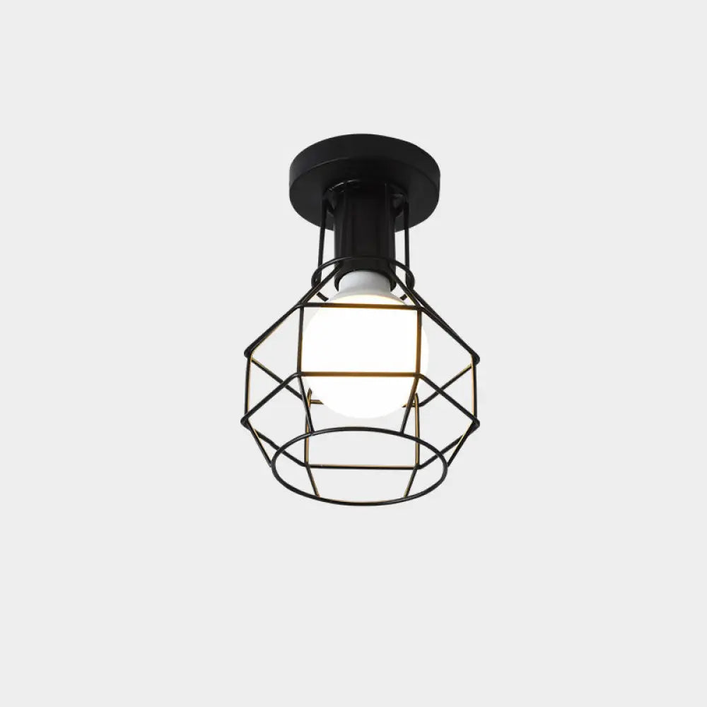 Industrial Metal Flush Ceiling Light Fixture - Cage Style Small Aisle 1 Head Black Flushmount