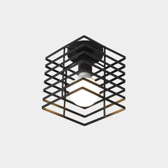 Industrial Metal Flush Ceiling Light Fixture - Cage Style Small Aisle 1 Head Black Flushmount