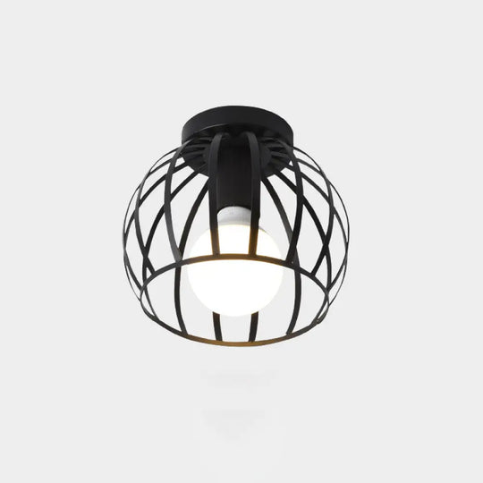 Industrial Metal Flush Ceiling Light Fixture - Cage Style Small Aisle 1 Head Black Flushmount