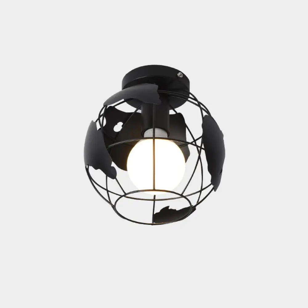 Industrial Metal Flush Ceiling Light Fixture - Cage Style Small Aisle 1 Head Black Flushmount