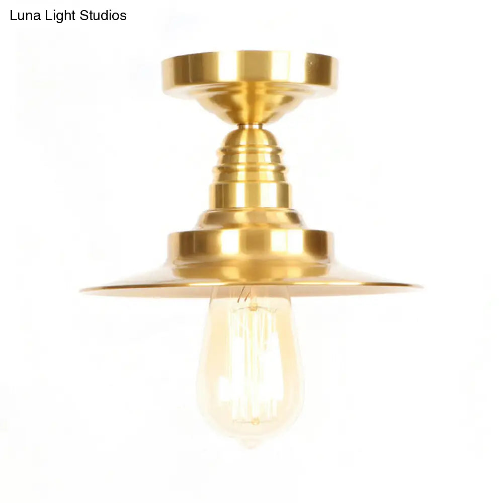 Industrial Metal Flush Mount Ceiling Light - Gold Saucer Single Head Fixture For Living Room