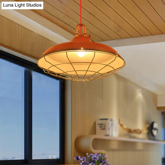 Industrial Metal Frame Pendant Lighting Fixture With Barn Shade - 1 Bulb Living Room Lamp