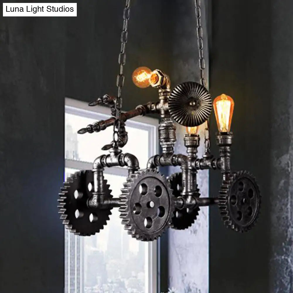 Vintage Silver Chandelier Light Fixture - Industrial Metal Gear Pendant Lamp With Robot Accent