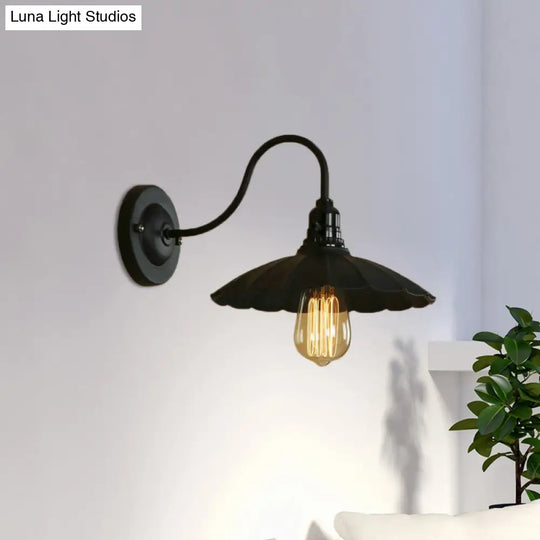 Industrial Metal Gooseneck Wall Sconce With Scalloped Shade And 1 Bulb In Black 10/13 Diameter