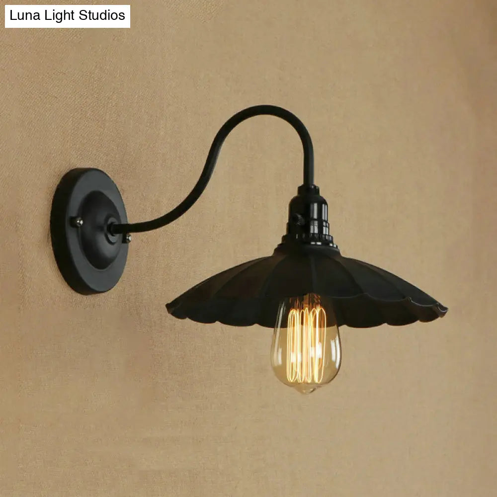 Industrial Metal Gooseneck Wall Sconce With Scalloped Shade And 1 Bulb In Black 10/13 Diameter