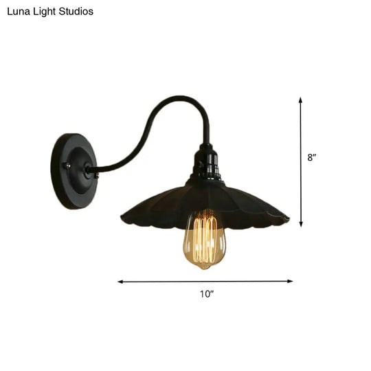 Industrial Metal Gooseneck Wall Sconce With Scalloped Shade And 1 Bulb In Black 10/13 Diameter