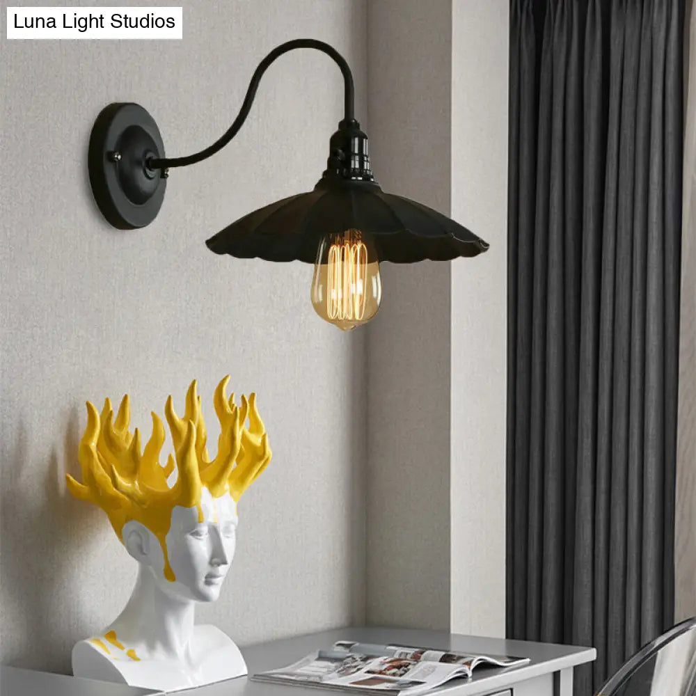 Industrial Metal Gooseneck Wall Sconce With Scalloped Shade And 1 Bulb In Black 10/13 Diameter