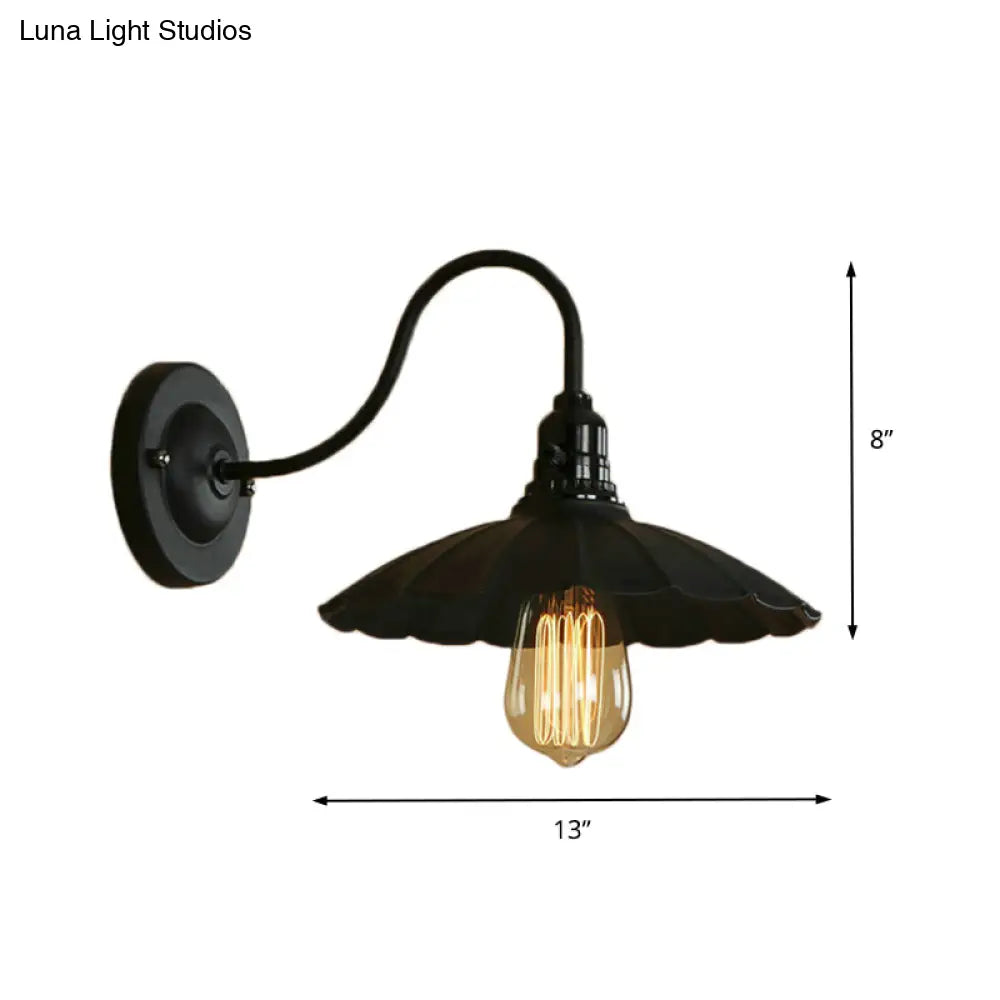 Industrial Metal Gooseneck Wall Sconce With Scalloped Shade And 1 Bulb In Black 10/13 Diameter