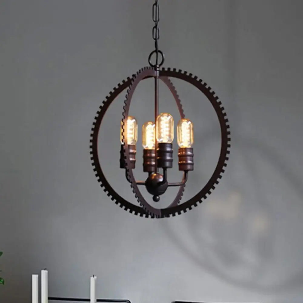 Industrial Metal Hanging Chandelier With 4-Lights Globe Shade And Bronze Finish For Dining Room